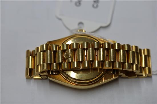 A gentlemans 1980s? 18ct gold Rolex Oyster Perpetual Day Date wristwatch, on 18ct gold Rolex bracelet with deployment clasp,